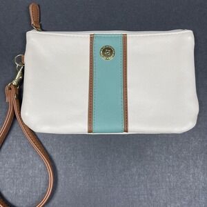Stone & Co Leather Wristlet Natural Aqua Brown Trim‎ Clutch Purse 9x5 Zip Bag